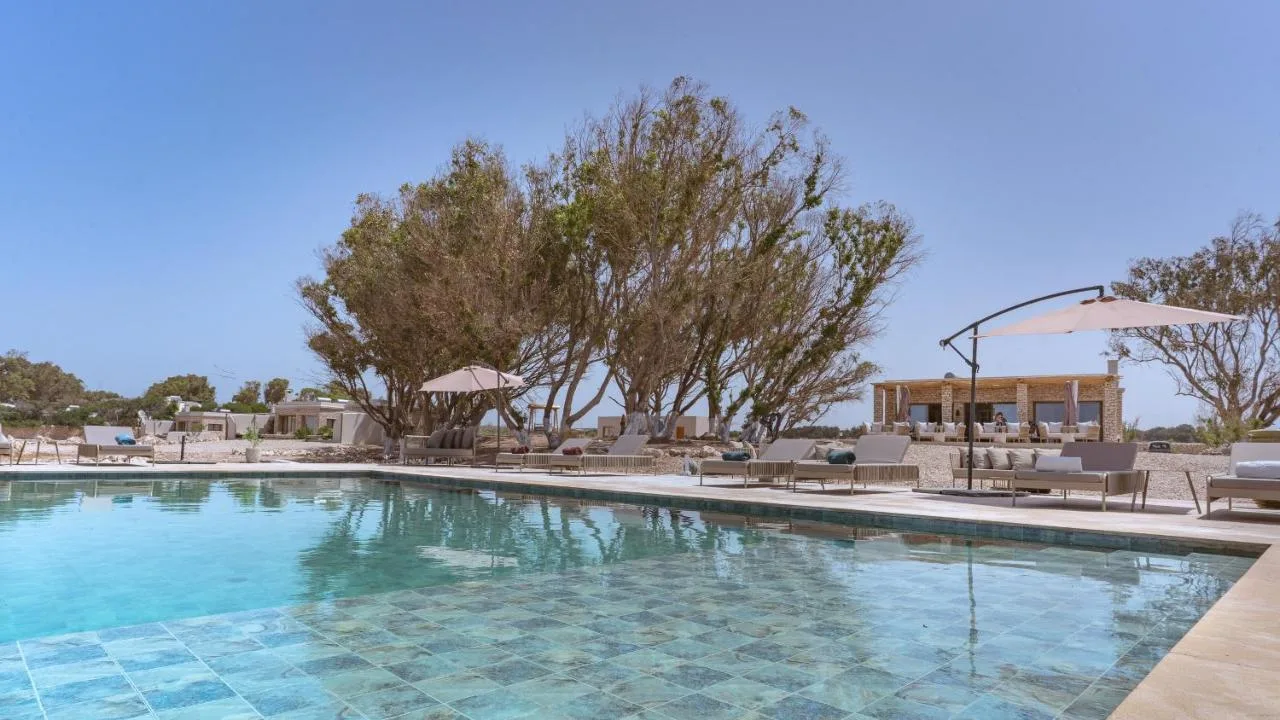 Pool at Anima Ocean Lodges lined with loungers, beneath trees and a blue sky