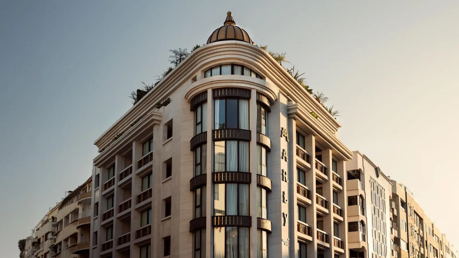 Rounded corner façade of the Marly Boutique Hôtel with its balconies and small dome