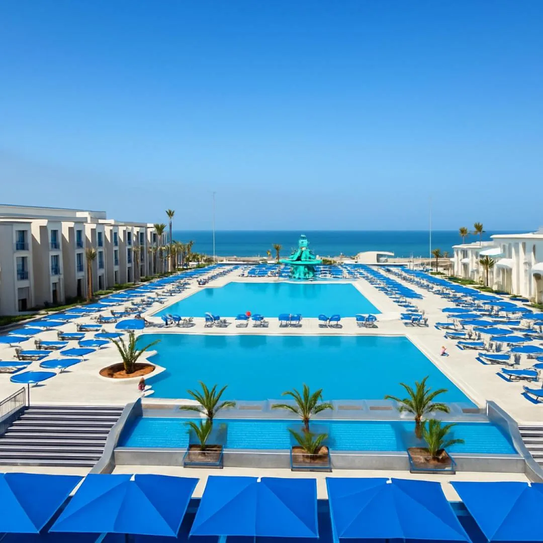 Aerial view of the Pickalbatros Palais des Roses pools facing the ocean