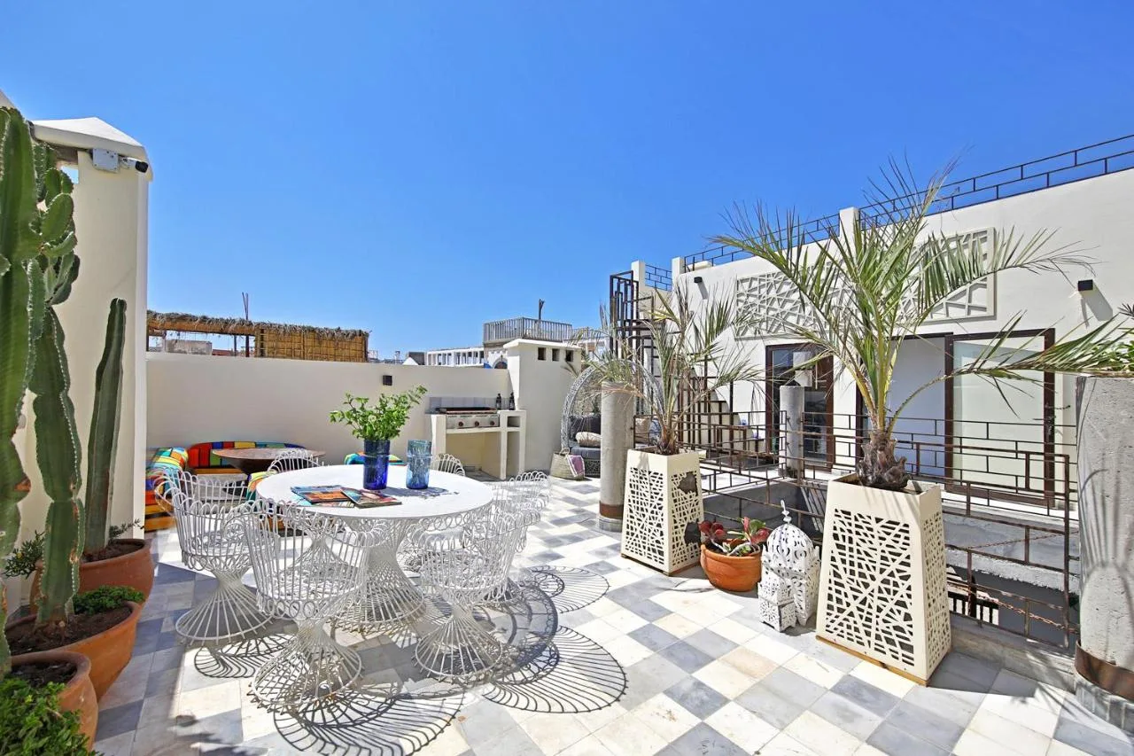 White terrace of Riad EspritBleu with cacti, palm trees and a round table
