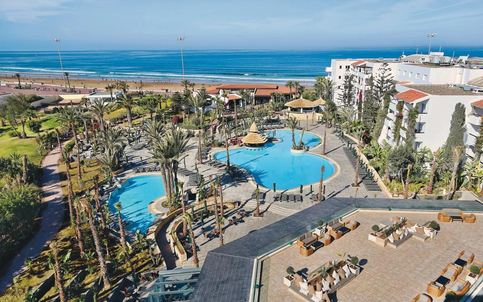 Aerial view of the Riu Tikida Beach: gardens, pools and Agadir beach in the background