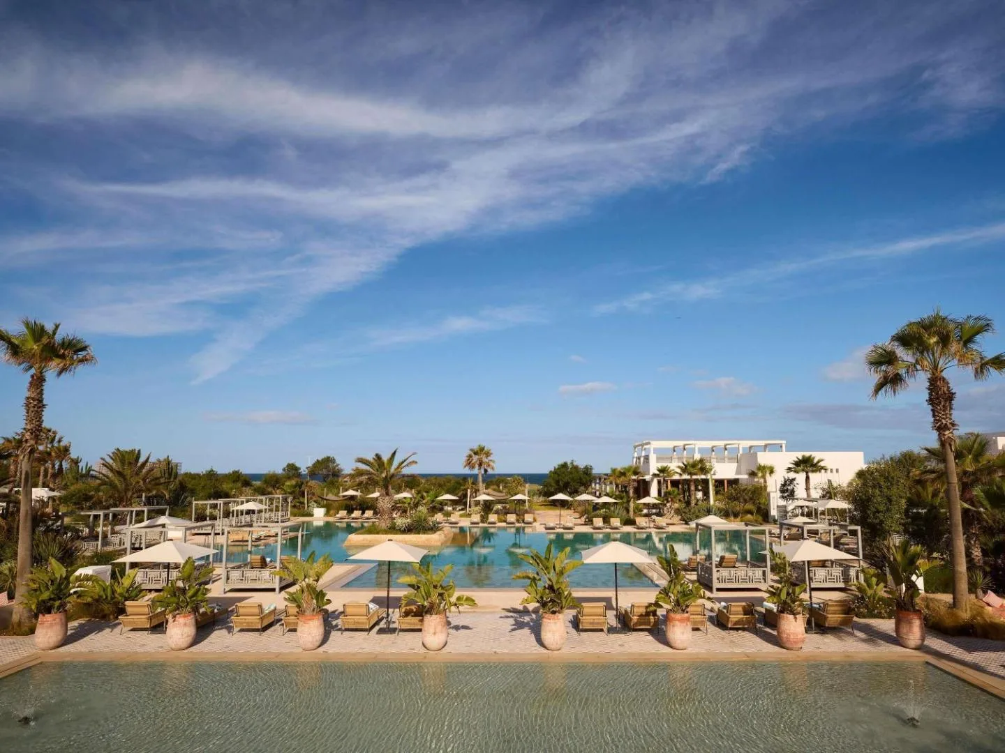 Palm-lined pool with sun loungers at the Sofitel Agadir Thalassa Sea & Spa under a blue sky