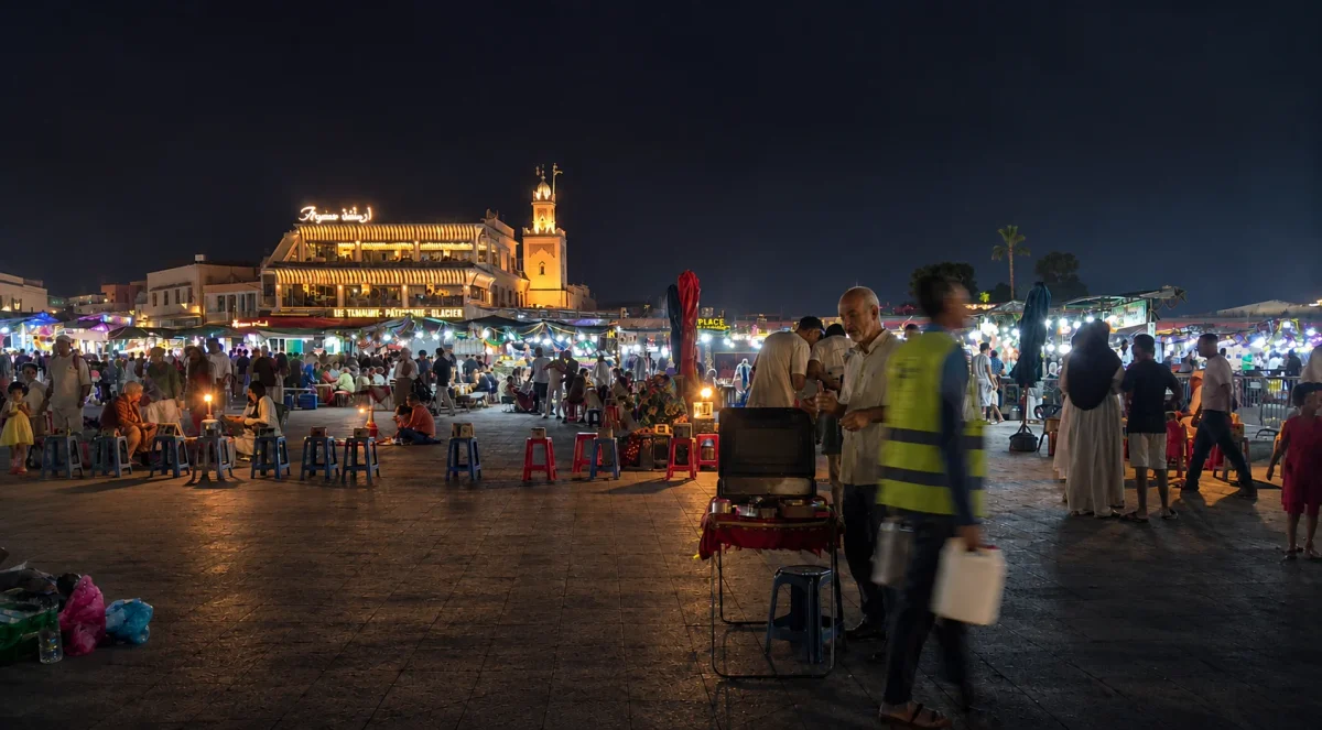 Place Jemaa el-Fna de nuit à Marrakech avec stands de restauration, visiteurs et ambiance animée