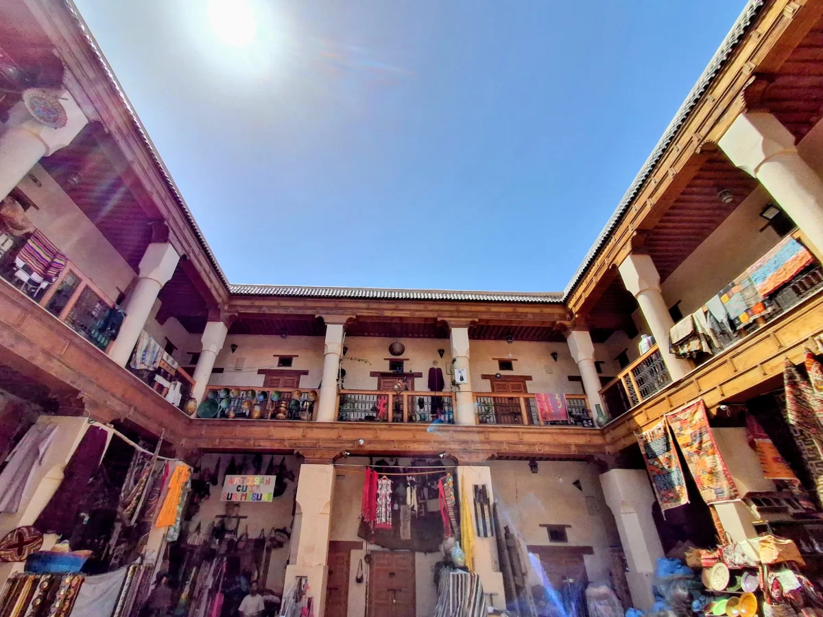 Courtyard of a traditional Marrakech souk with craft shops